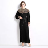 Diynav Senior Sense Of The Famous Fan Heavy Industry Nail Bead Dress Temperament Sister Fan Lantern Sleeves Loose Long Skirt