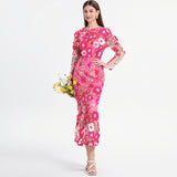 Diynav Spring And Summer New French Heavy Industry Mesh Three-Dimensional Flower Embroidery Perspective Spliced Waist Repair Dress Dress
