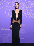 Diynav Women's New Sexy Deep V Bareback Splicing Bag Long-Sleeved Dress High-End Temperament Dress