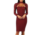 Diynav Hanging Neck Lace Dress Wish Burst Banquet Bandage Dress Autumn And Winter Long Sleeves