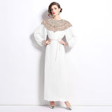 Diynav Senior Sense Of The Famous Fan Heavy Industry Nail Bead Dress Temperament Sister Fan Lantern Sleeves Loose Long Skirt