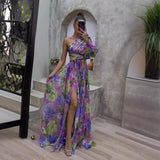 Diynav New Women's Sexy Slant Shoulder Shoulder Long Sleeves Crumped Floral Dress Dress High-End Big Smash Floral Dress