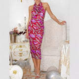Diynav New Fashion Sexy Multi-Colored Sequin Dress Sleeveless Hanging Neck Casual Bare Back Mesh Dress Woman