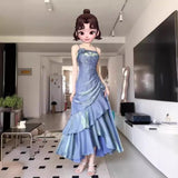 Diynav Dress New French Masquein Blue Hanging Dress Female Summer At-Aug Princess Birthday Dress