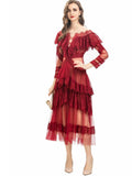 Diynav Round Collar Lotus Side Spliced Long Sleeve Elegant Lace Wine Red Dress Women's Autumn New 2025