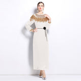 Diynav Senior Sense Of The Famous Fan Heavy Industry Nail Bead Dress Temperament Sister Fan Lantern Sleeves Loose Skirt