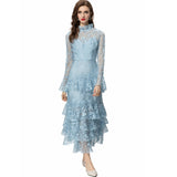 Diynav Style Collar Horn Long-Sleeved Water-So-Hook Flower Pink Dress Dress Summer And Autumn Women's New 2024