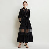 Diynav Dress Women's French Retro Fashion Collar Pearl Single Buckle Lace Splicing Velvet Swoon Long Dress