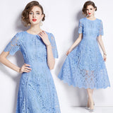 Diynav Dress New Short-Sleeved Lace Dress Women's Long-Singed Flower Hollow Purple High-Waist Aa Skirt Thin