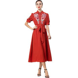 Diynav Industry Embroidered Flower Lily Collar Short Sleeve Tie Tight Waist High Dress Station Spring And Summer Woman 2025
