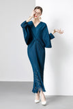 Diynav Dress 2025 Summer New Temperament Relaxed Bat Sleeve V Collar Thin Fish Tail Folded Long Dress