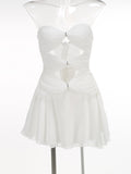 Diynav Women's New Solid Color Sexy Hollow Bragy Dress High-End Temperament Folded Dress Dress