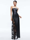 Diynav Solid Color PU Leather Fashion Temperament Body-Meared Lace Explosion Sexy Mid-Long Dress Dress Dress