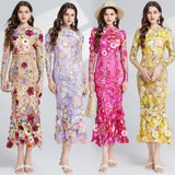Diynav Light Luxury Heavy Industry Embroidery Three-Dimensional Flowers Waist Long Sleeve Dress