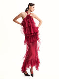Diynav Women's Sexy Lotus Leaf Side Strap Hanging Neck Dress Flower Decorative Perspective Skirt Dress Dress