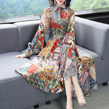 Diynav Long-Sleeved Beautiful Print Fashion Single Buckle Long Dress Retro Dress Spring And Autumn Women's Collar 2025