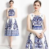 Diynav Women's Clothing 2025 Summer New Elegant Temperament Bottom Vest Dress Blue And White Porcelain Printing Dress Women