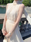 Diynav Greek Goddess White Dress Spring And Summer French Egyptian Gentle Fairy Holiday Ribbon Hanging Neck Dress