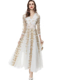 Diynav V-Neck Seven-Sleeve Embroidered Mesh Dress Dress Spring And Summer Women's New 2024