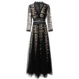 Diynav V-Neck Seven-Sleeve Embroidered Mesh Dress Dress Spring And Summer Women's New 2024