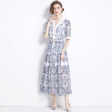 Diynav Summer Collar Short-Sleeved Belt-Recely Blue Print Hollow Lace Retro Dress