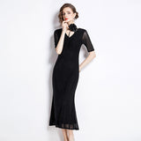 Diynav Industry Hot Diamond Mesh Yarn Designer Temperament Three-Dimensional Flowers V Receive Waist Thin Short Sleeve Dress