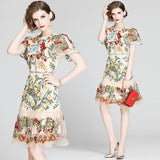 Diynav Women's Clothing 2025 Summer Dress New Water-Soluble Lace Short-Sleeved Mesh Embroidery Bag Of The Ass Loaf Side Dress