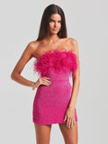 Diynav Cross-Border Women's Sexy Bareback Ostrich Hairy Twilight Dress Temperament Squints