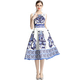 Diynav Women's Clothing 2025 Summer New Elegant Temperament Bottom Vest Dress Blue And White Porcelain Printing Dress Women
