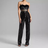 Diynav Black Squins Party Feather-Smeared Boobs Mesh Spliced Sexy Body-Repair Belt
