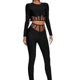 Diynav Long-Sleeved Round-Neck Two-Piece Set Mesh Yarn Hollow High-Waisted Trousers Burst Banding Dress Factory