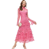Diynav Style Collar Horn Long-Sleeved Water-So-Hook Flower Pink Dress Dress Summer And Autumn Women's New 2024