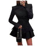 Diynav New Fashion Splicing Sleeve Round Skirt Sexy Party Holiday Small Black Dress