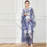 Diynav Court Style Collar Horn Long Sleeves Loose Blue And White Porcelain Print A-Word Skirt