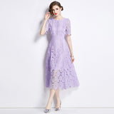 Diynav Dress New Short-Sleeved Lace Dress Women's Long-Singed Flower Hollow Purple High-Waist Aa Skirt Thin