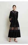 Diynav Dress Women's French Retro Fashion Collar Pearl Single Buckle Lace Splicing Velvet Swoon Long Dress