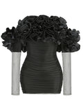 Diynav Women's New Flower Decoration Sexy Corset Dress Perspective Mesh Long-Sleeved Ass Skirt Dress