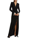Diynav Women's New Sexy Deep V Kinesk Long-Sleeved Dress Dress High Open-Pocket Bag Even Skirt