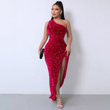 Diynav Selling New Women's Clothing 2025 Spring Fashion Squin Single-Sleeve-Less Open-Fork Dress Solid Color