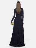 Diynav Women's New Sexy Perspective Umbilly Net Yarn Long-Sleeved Dress Long-Sleeved Dress Temperament Low-Breasted High Open Fork Dress