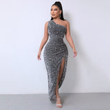 Diynav Selling New Women's Clothing 2025 Spring Fashion Squin Single-Sleeve-Less Open-Fork Dress Solid Color