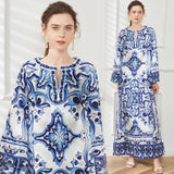 Diynav Blue And White Porcelain Printed Dress Women Summer Seaside Beach Dress Loose Meat Cover Sunscreen Open Fork Dress