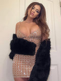Diynav Women's Sexy Ass Low-Chested Sling Dress Heavy Industry Hot-Drilled Banquet Dress Dress Women