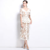 Diynav Niche Temperament Thousands Of Gold Windy Collar Short-Sleeved Lace Waist Dress Dress With Belt