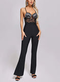 Diynav Hepburn Women's Sling Lace Bandage Elastic Slimming Jumpsuit Fish Bone Long Black
