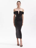 Diynav Fashion Dress Elegant V-Neck Sexy Hot Diamond Into Shoulder Sleeve Banquet Dress Bodyd Women