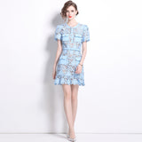 Diynav Niche Temperament Light Blue Collar Lace Dress Water Drill Single Buckle Waist Skirt Woman