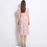 Diynav Summer New Pink Diamond Pearl Collar Short-Sleeved Lace Dress Femininity Long Dress