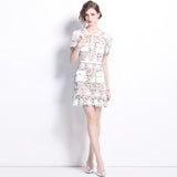 Diynav Niche Temperament Light Blue Collar Lace Dress Water Drill Single Buckle Waist Skirt Woman