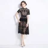 Diynav Court Style Temperament Short-Sleeved Round-Neck Waist Thin A-Word Hook Lace Dress Elegant Dress